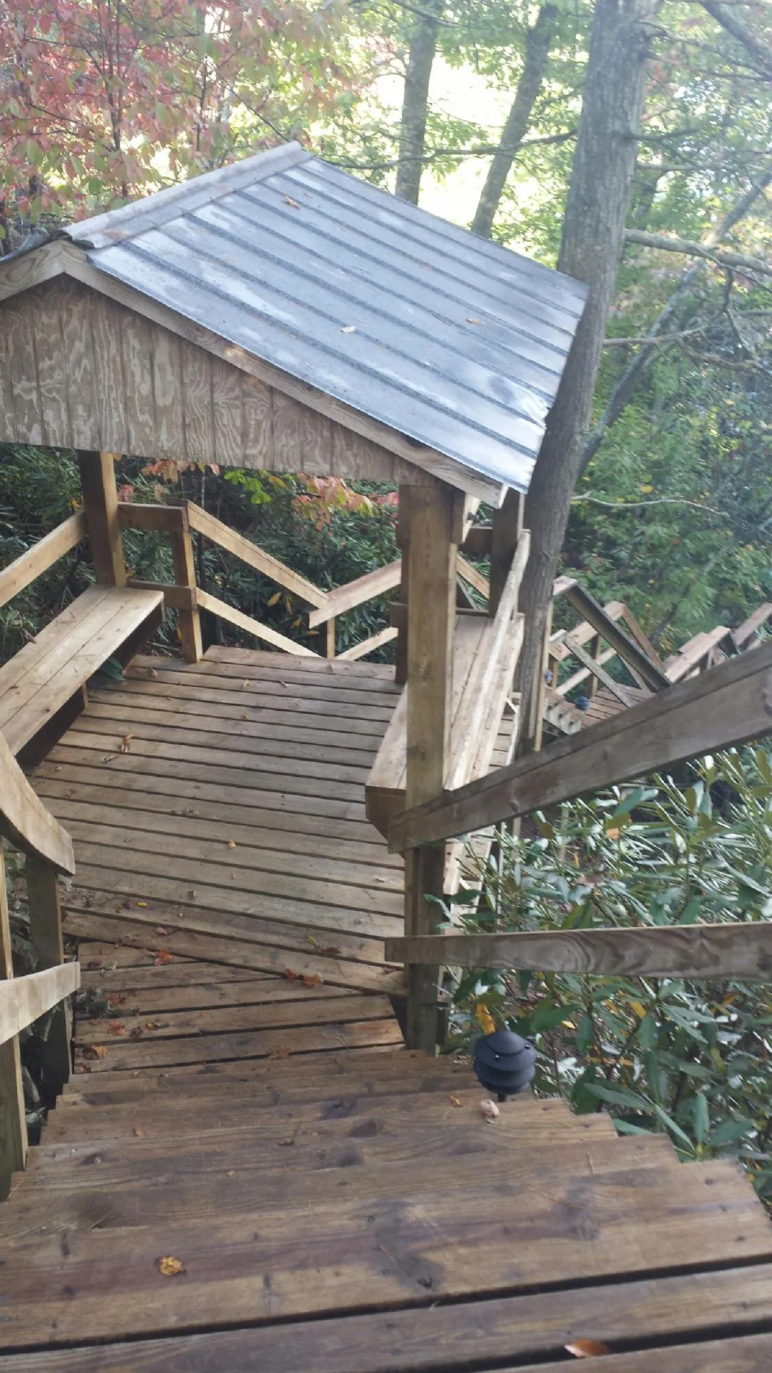 Metal roofed shelter over wooden steps on a wooded walkway — Skylight Repair & Installation work by our crew in West Olive